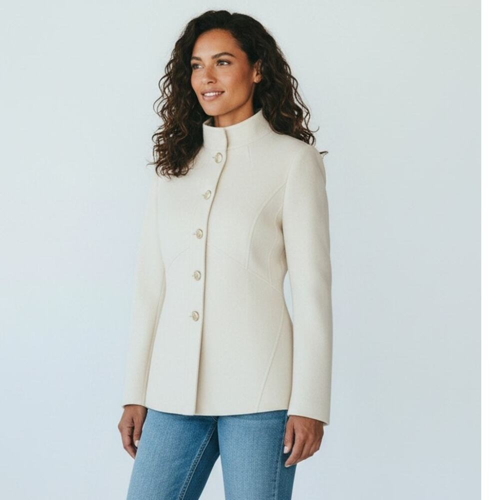 XL Jacket Coat Funnel Mock Neck cream Linda Allard 100% Wool Luxury Minimalist